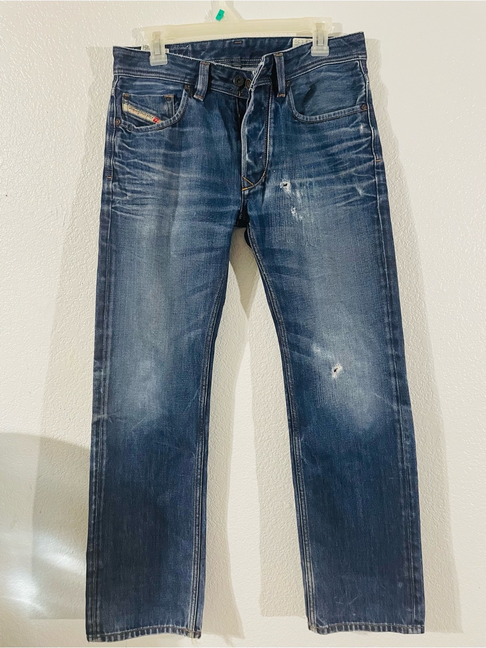 Men's Dark Blue Distressed Jeans - Classic Straight Fit